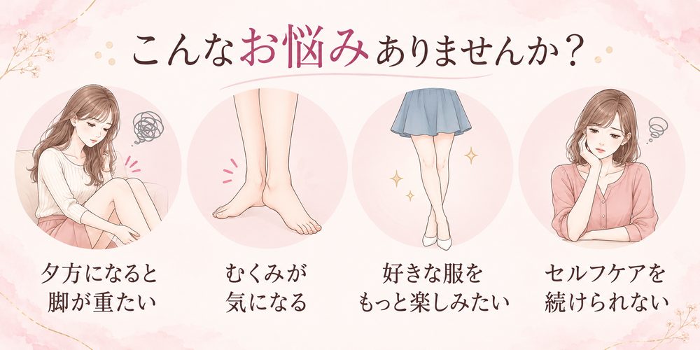 こんなお悩みありませんか？夕方になると脚が重たい／むくみが気になる／好きな服をもっと楽しみたい／セルフケアを続けられない